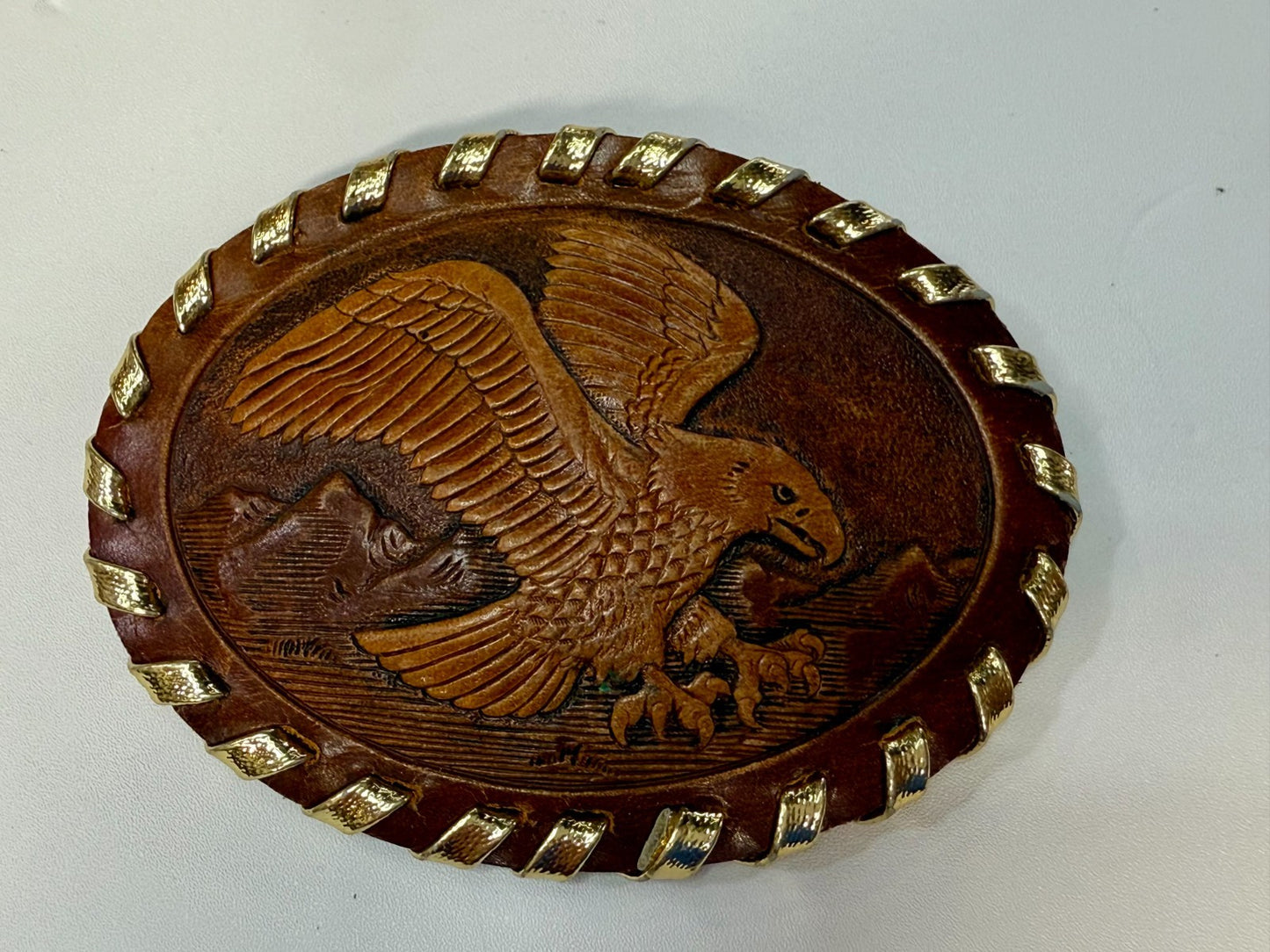 American Bald Eagle Flying Over the Mountain Embossed on Leather Belt Buckle