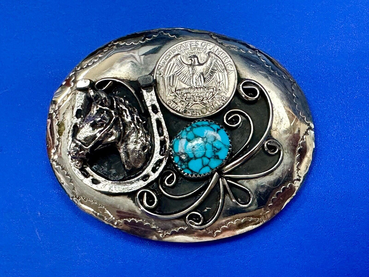 Turquoise Stone Horse Head & Shoe, Quarter Coin Southwestern belt buckle