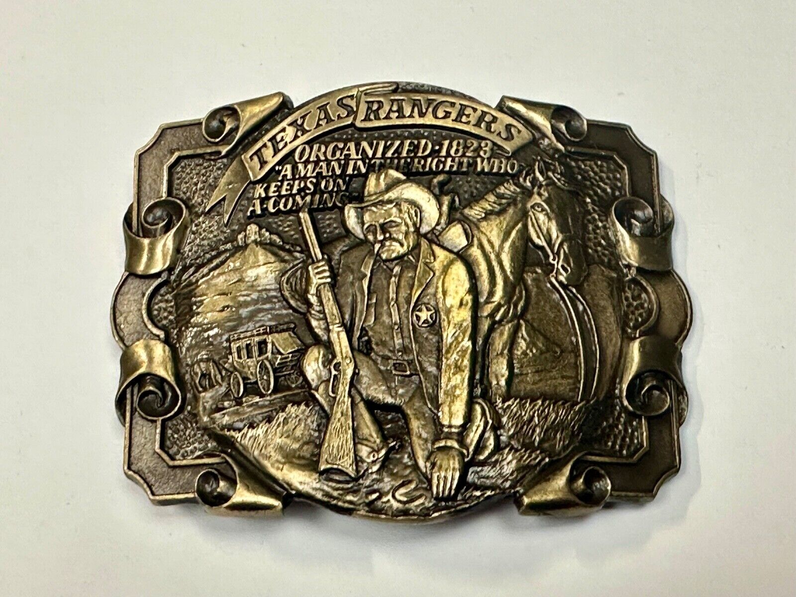 Texas Rangers Organized 1828 A man in the right who keeps on coming Belt Buckle