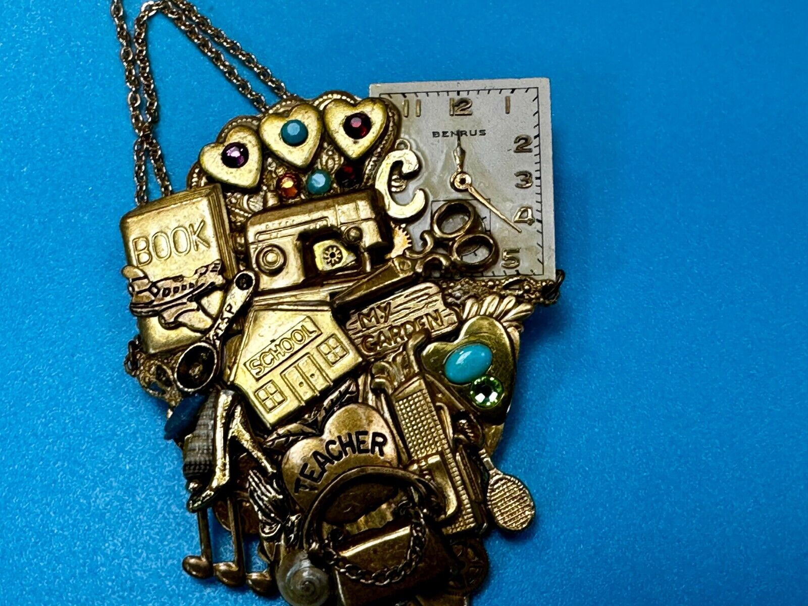 Teacher School Book My Garden Artisan Chain Charm Gold Tone Brooch Pin 2006