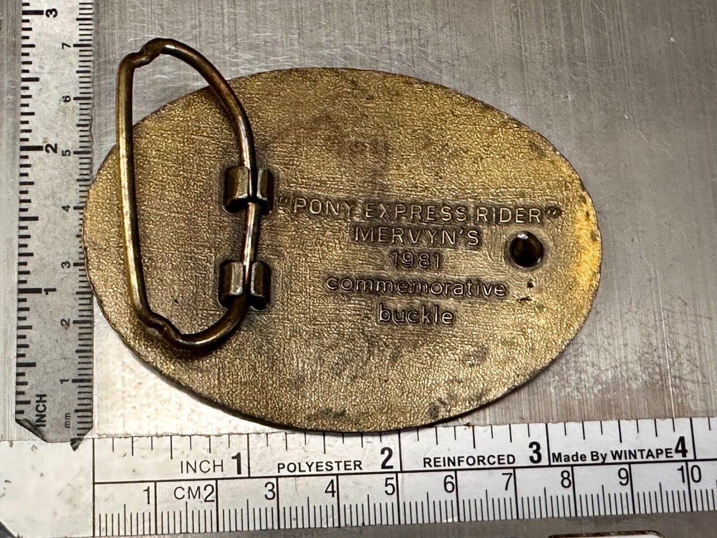 Vintage 1981 Pony Express Rider Mervyn's Commemorative Brass Tone Belt Buckle