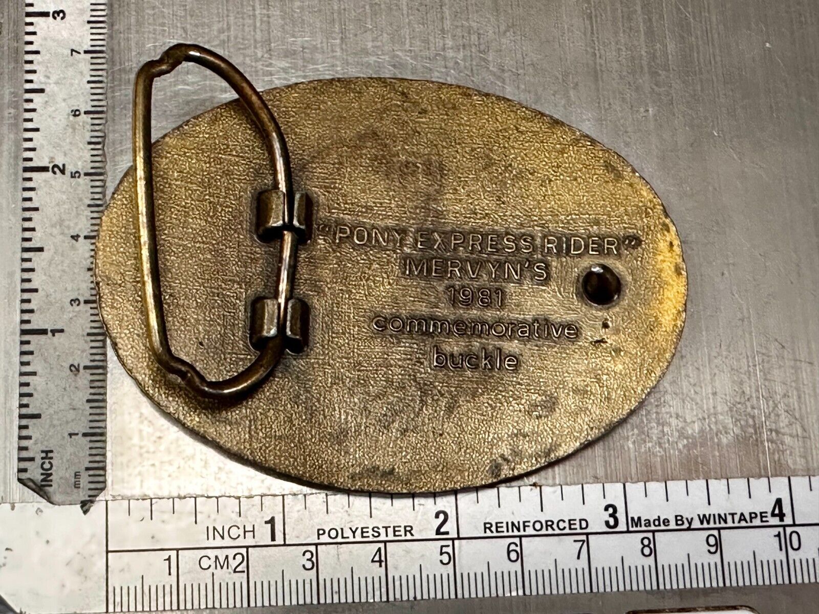 Vintage 1981 Pony Express Rider Mervyn's Commemorative Brass Tone Belt Buckle