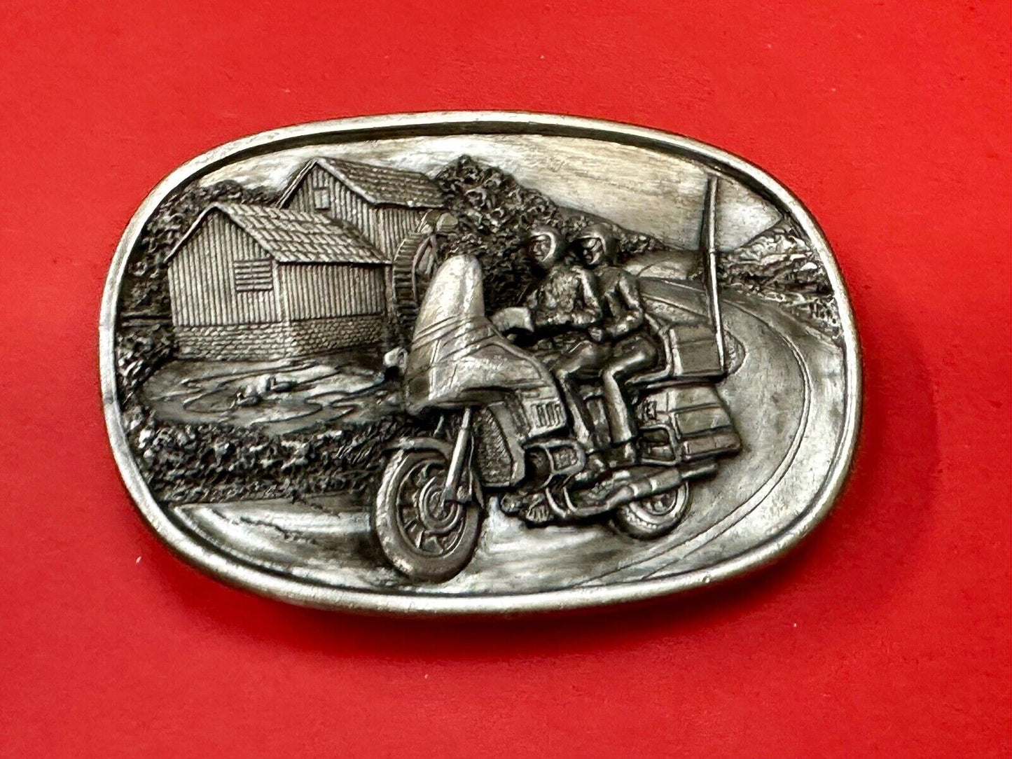 Biker Couple riding on Motorcycle  Vintage 1984 Bergamot belt buckle  L-49 1