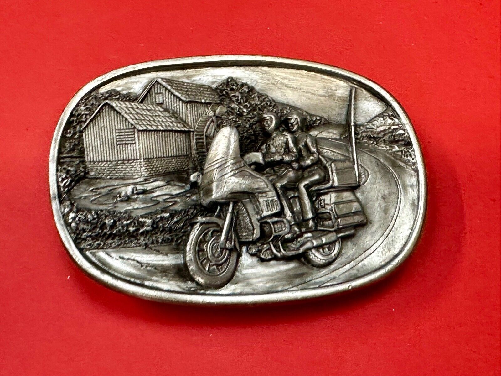 Biker Couple riding on Motorcycle  Vintage 1984 Bergamot belt buckle  L-49 1