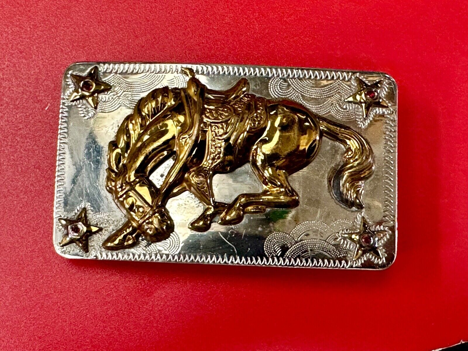 Vintage Horse w/  head down end of the trail Nickel Silver belt buckle w/ Stars