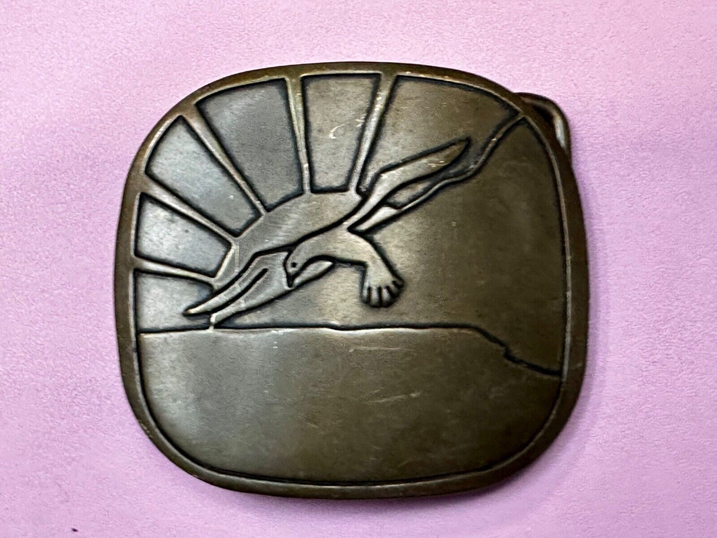 Abstract Eagle Over Sunset / Turtle Swimming Solid Brass Hippy Style Belt Buckle
