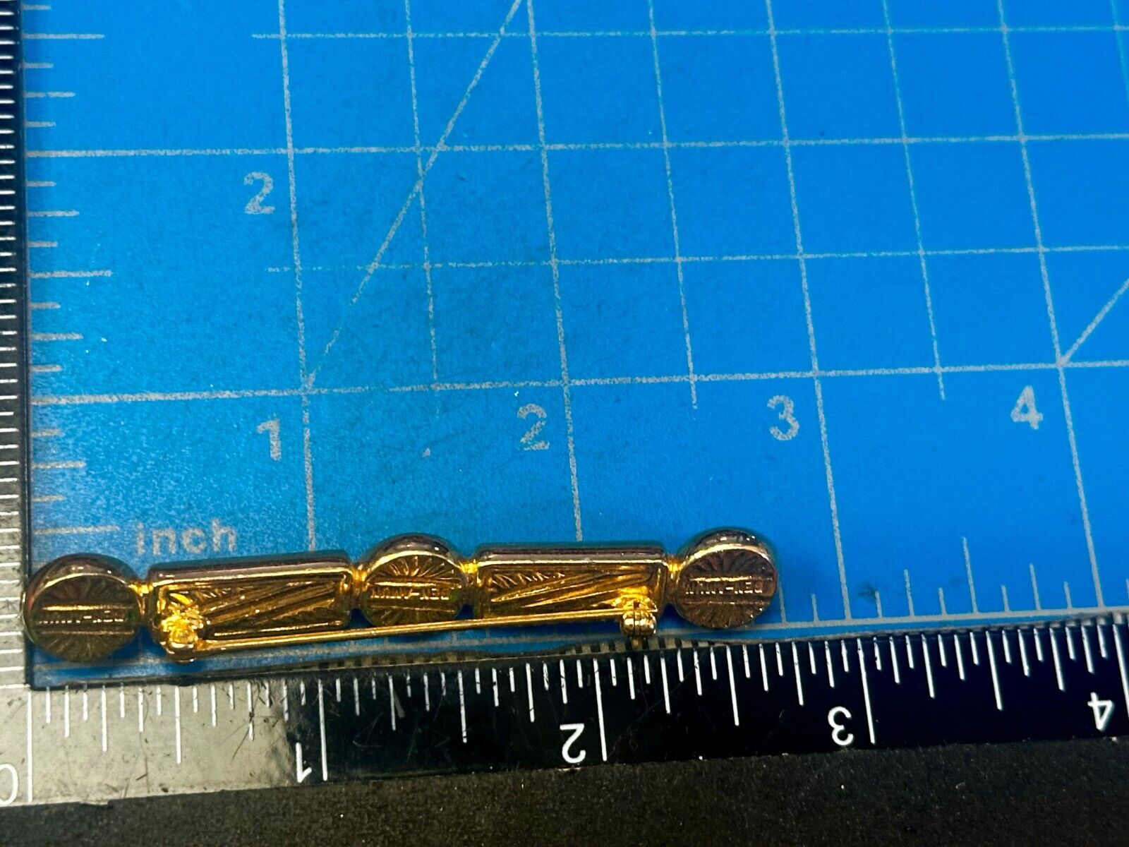 Three Red Round Glass? Vintage Gold Tone Bar Brooch Pin Signed by Ben-Amun