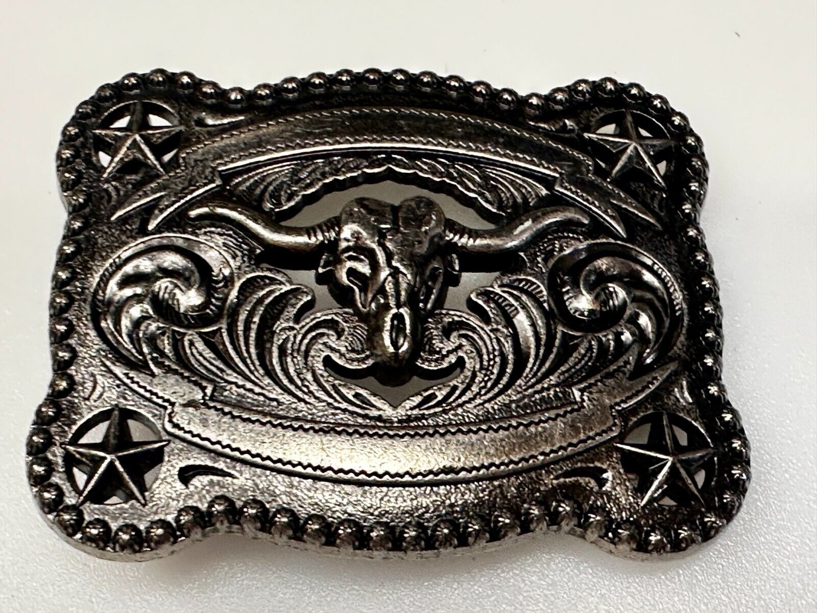 Texas Longhorn Steer / Corner Stars - Engravable Blank Award Scroll Belt Buckle