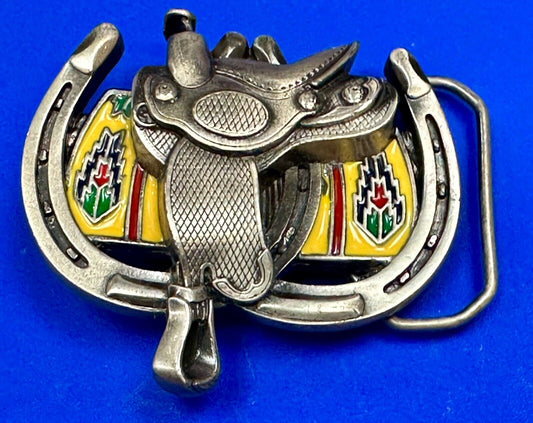 Beautiful Colorful Horse Saddle Vintage 1990 The Great American belt buckle Co
