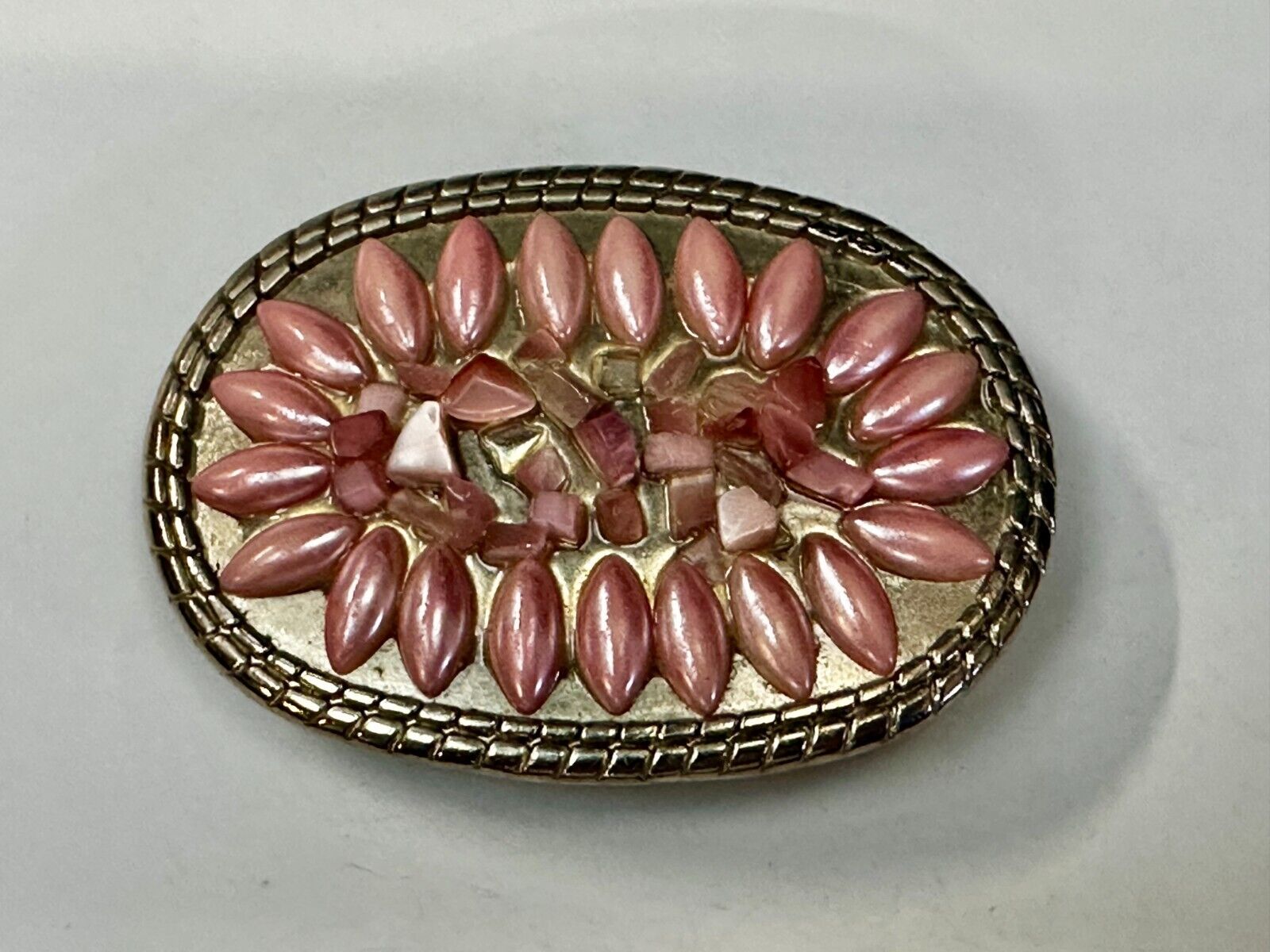 Artisan Made Pink Stones? on silver tone oval western Belt Buckle