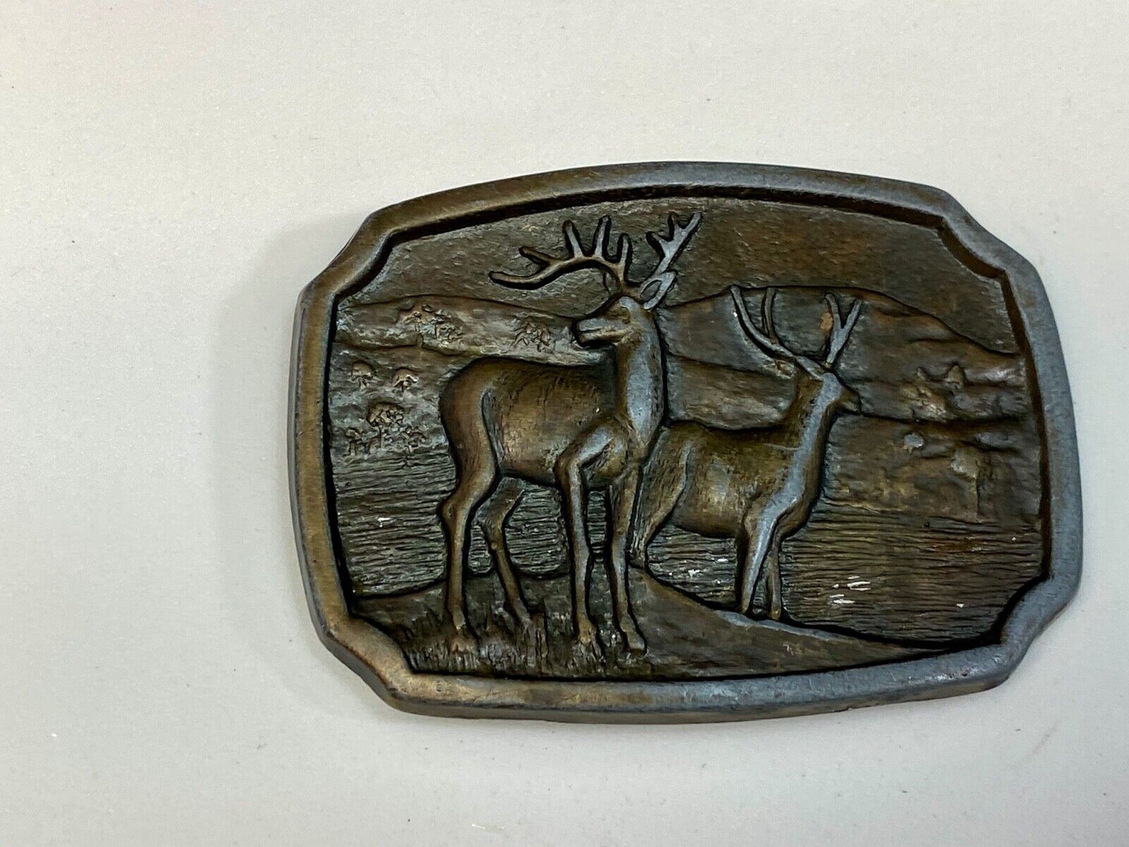 Vintage Deer And Doe In Nature Brass Tone Belt Buckle  -- Perfect Hunters Gift! 