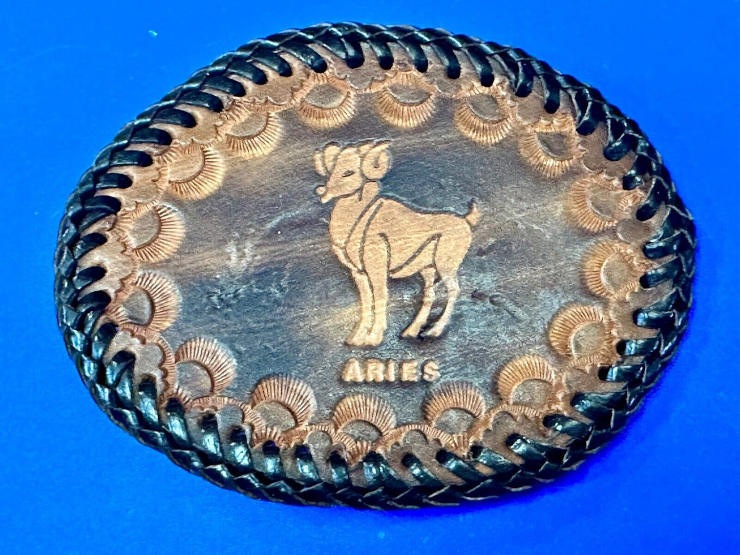 Aries Leather Oval Astrology Belt Buckle Vintage Hand Stitched Tooled Ram Horns