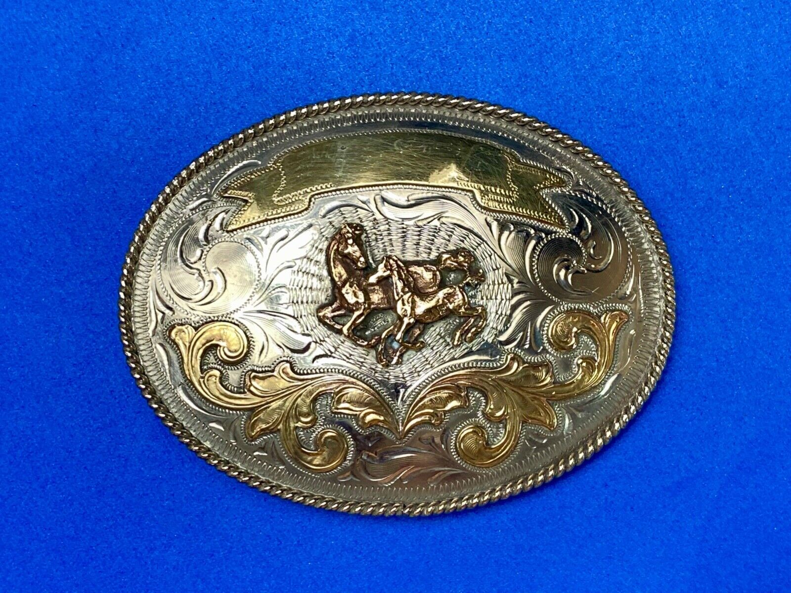 5" wide! Alpaca Mexico stamped wild mustangs horses running wild belt buckle