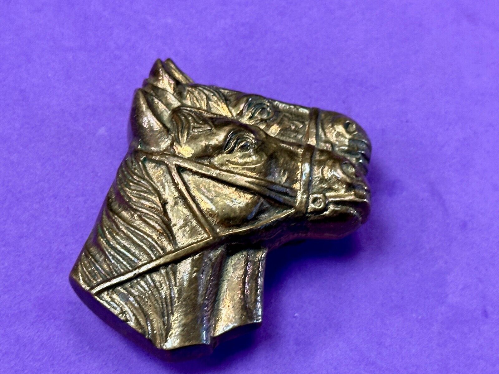 Two Horse Heads vintage solid brass cut out belt buckle - Taiwan Amazing Detail!