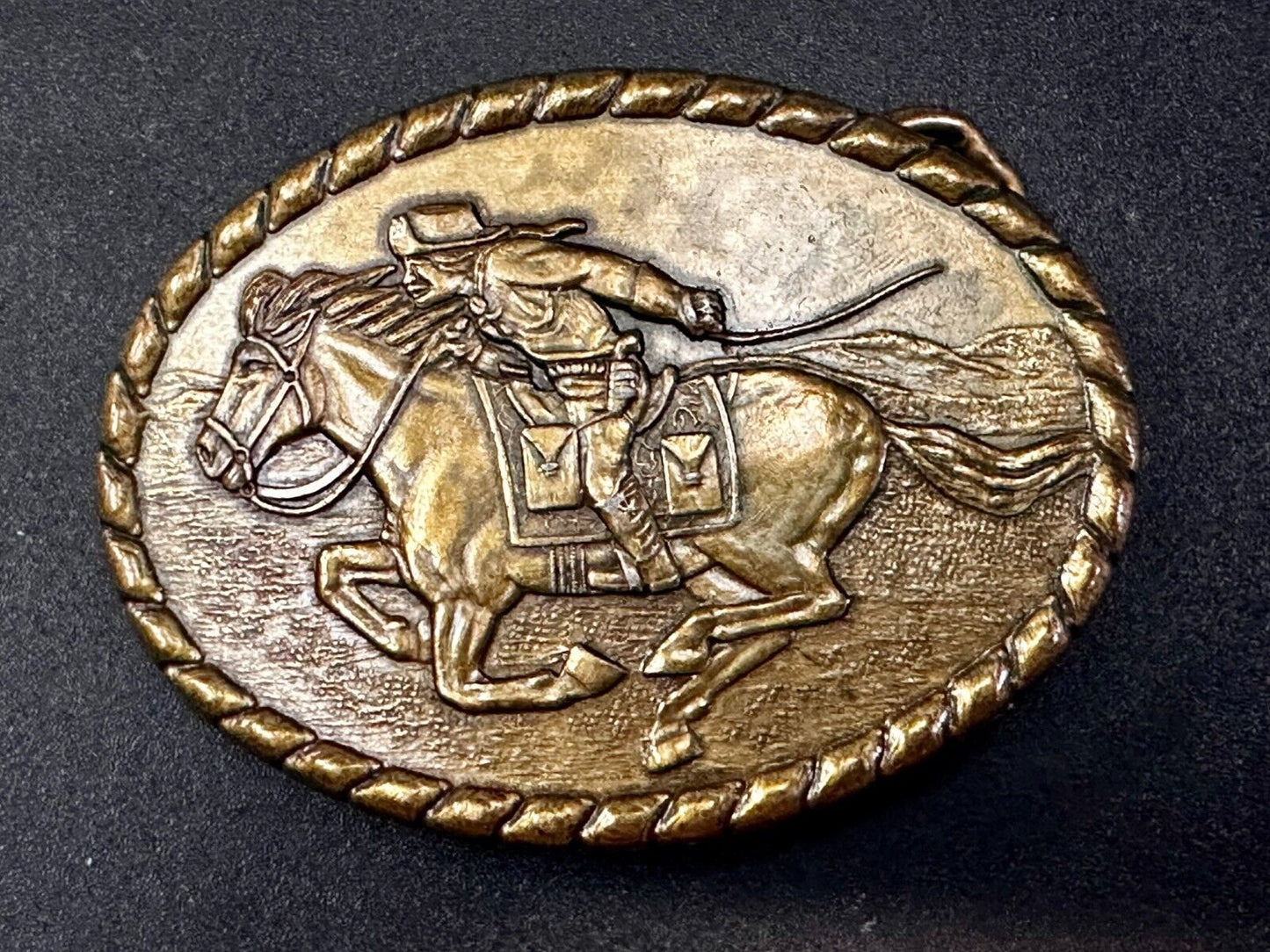 Vintage 1981 Pony Express Rider Mervyn's Commemorative Brass Tone Belt Buckle