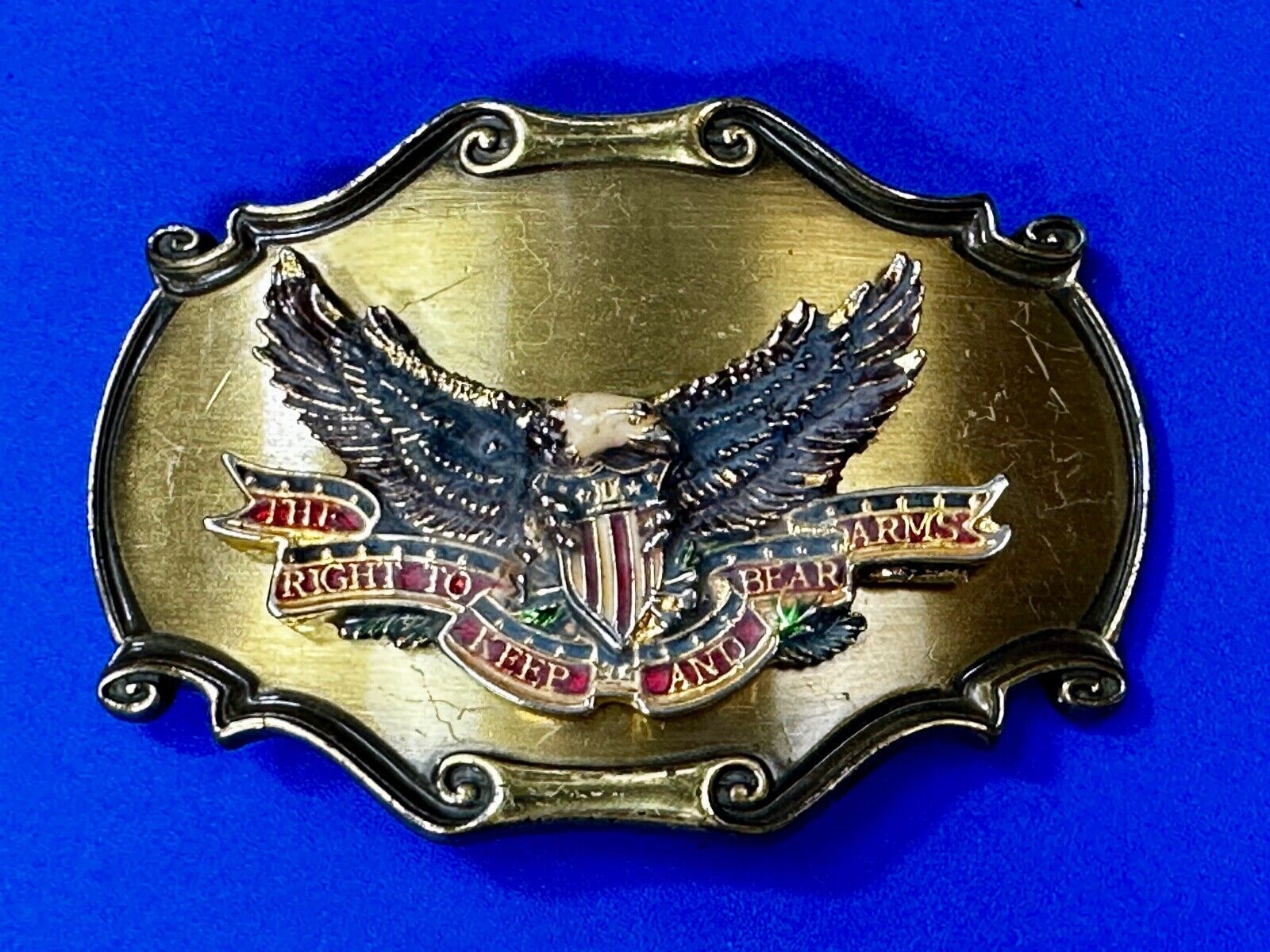 The Right To Keep and Bare Arms VTG 1980 Western Framed Belt Buckle by Rain-Tree