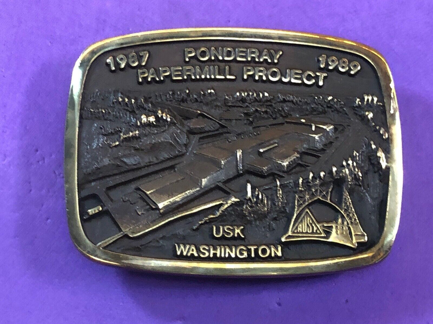 1987 - 89 Ponderay Papermill Project USK Washington belt buckle Anacortes Brass