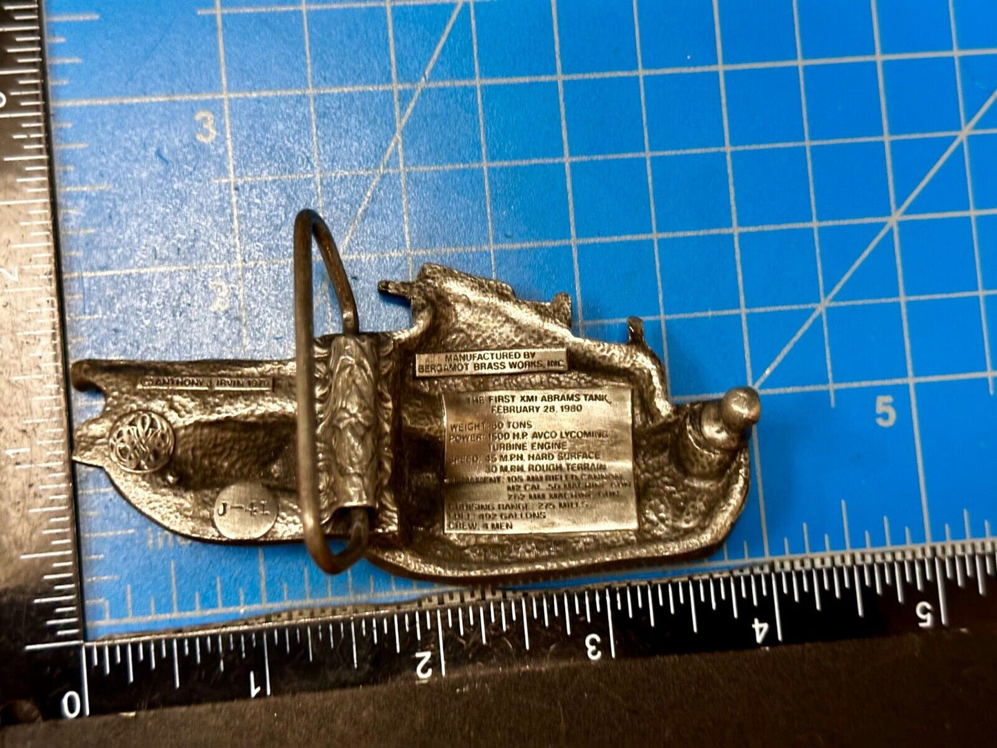 US Army Abrams Tank Anthony J Irvin Vintage 1979  Figural Bergamot Belt Buckle