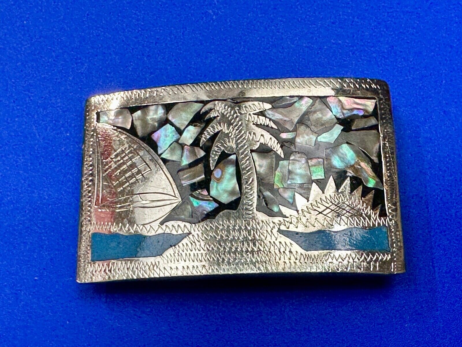 Beach Scene with Palm Tree - Inlaid Turquoise, Abalone Shell Vintage belt buckle