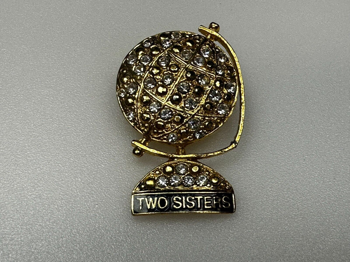 Two Sisters - Globe Covered with Rhinestone's Vintage Gold Tone Brooch Pin