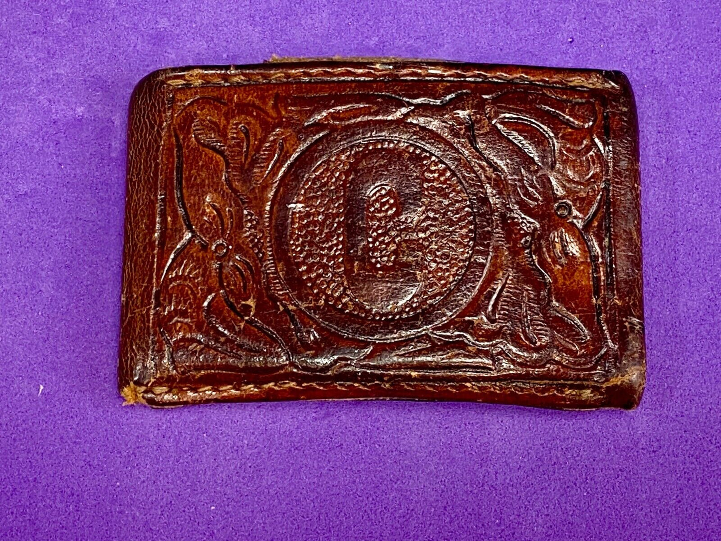 Vintage Leather stitched initial letter monogram C belt buckle 