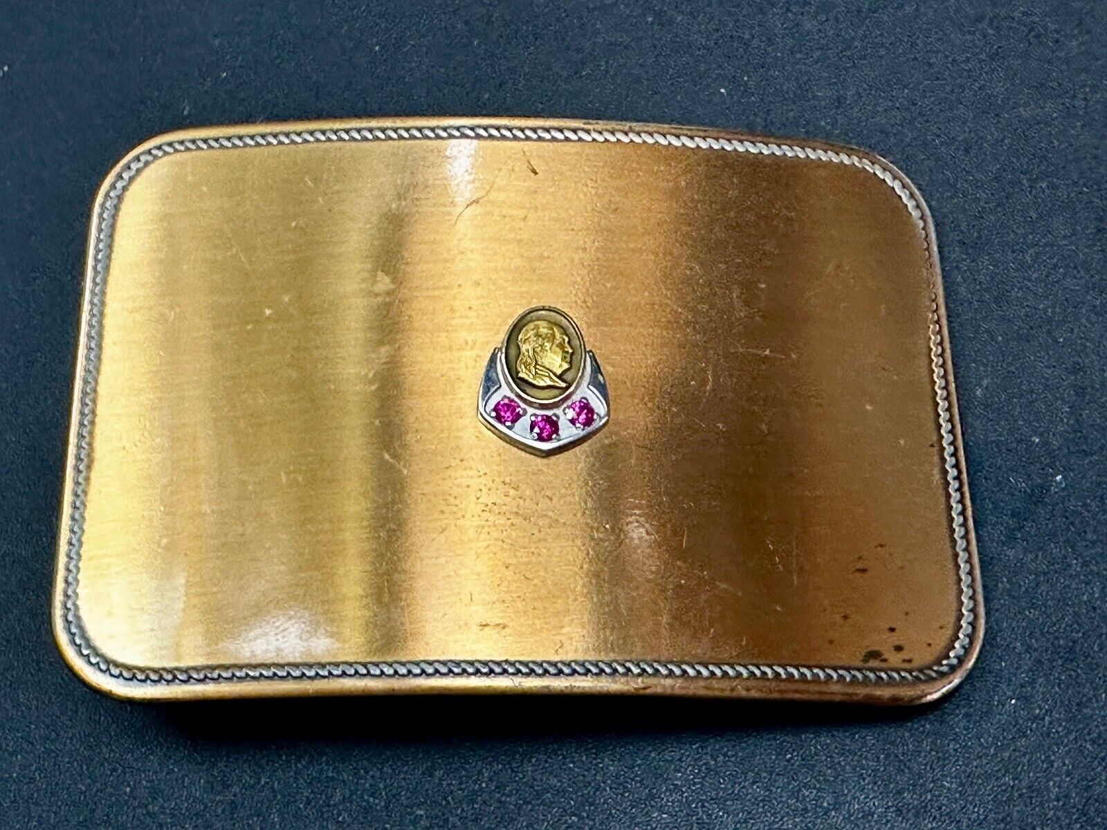 Vintage 10K Gold Benjamin Ben Franklin Centerpiece Belt Buckle with 3 ruby's
