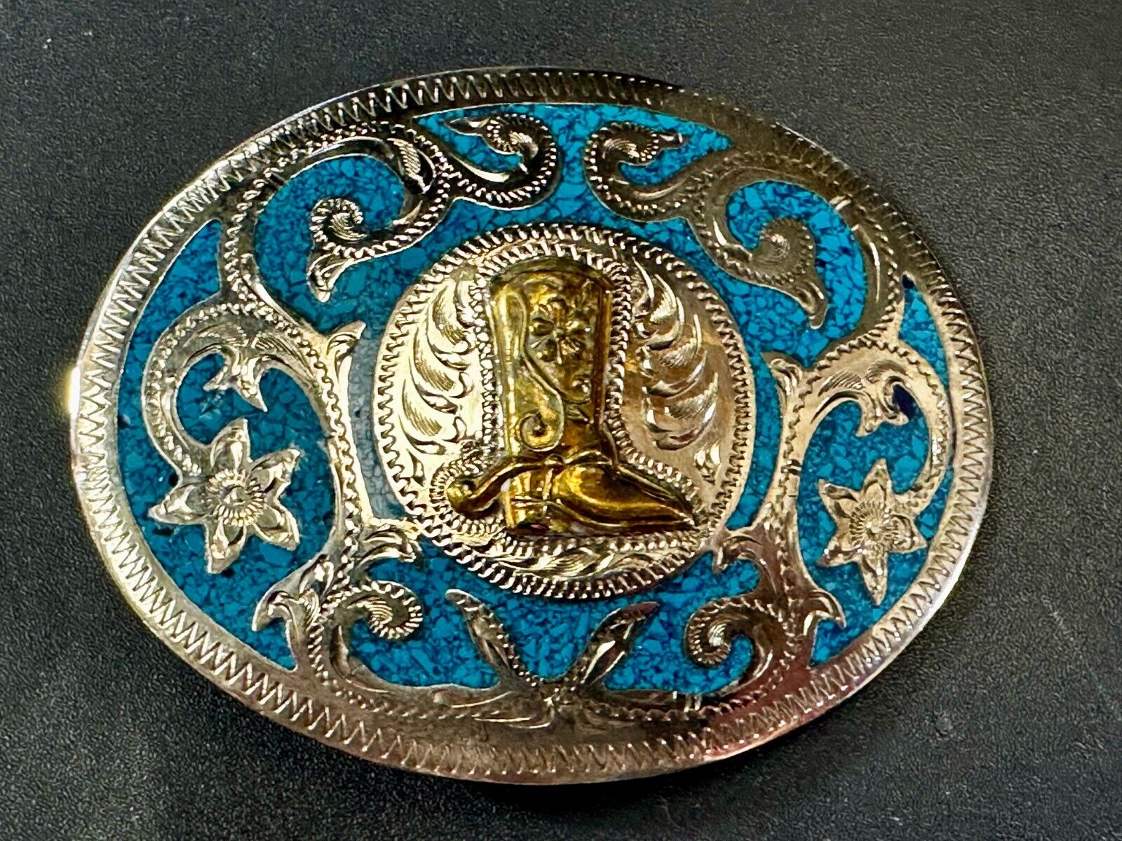 Beautiful Swirl Flower Cowboy Cowgirl Boots Western Ornate Vintage Belt Buckle