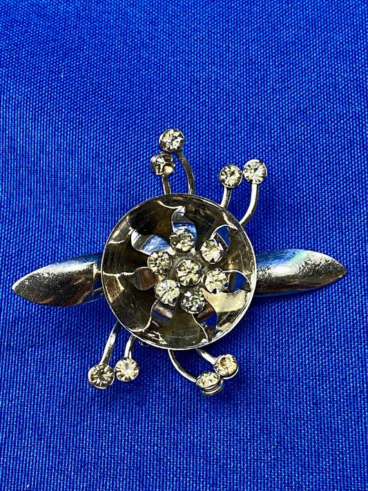 Unique Vintage Flower Brooch Lapel Pin Silver Tone Rhinestones 