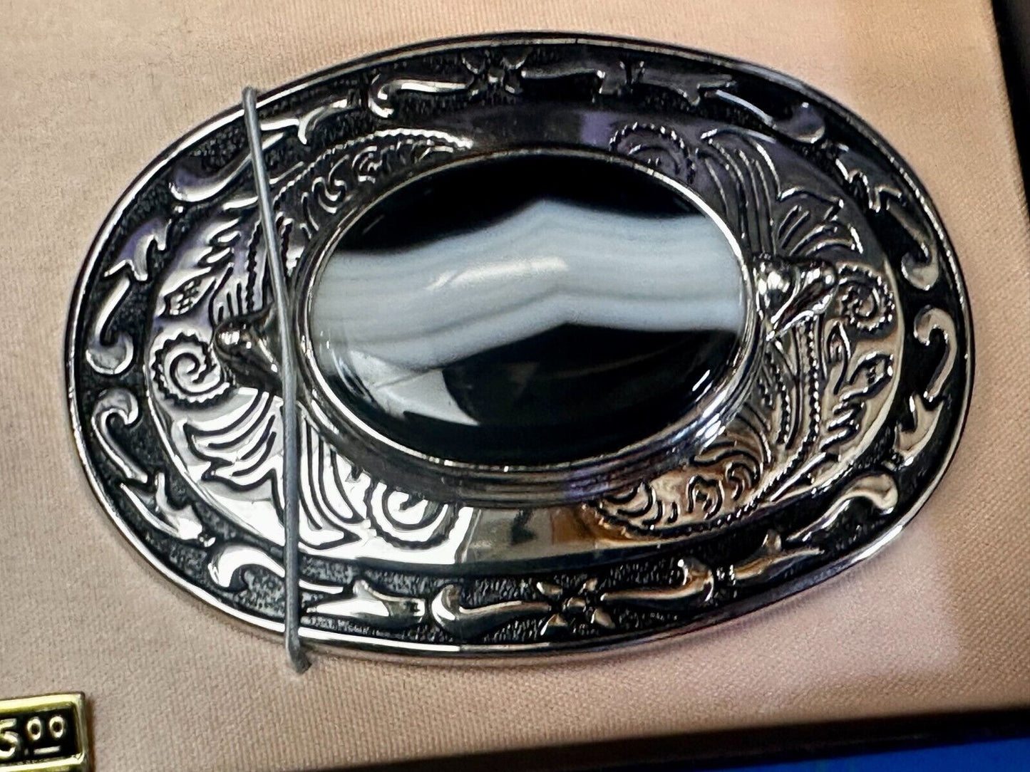 Black & White Onyx Cabochon Cab Stone Mounted In Vintage NOS Ornate Belt Buckle
