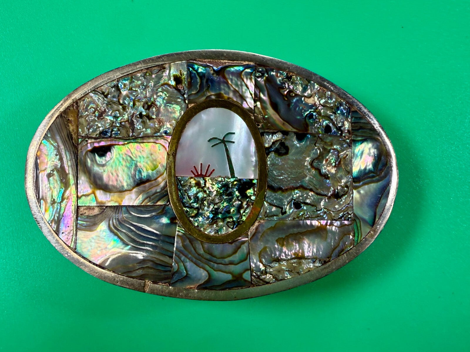 Abalone Shell Mother of Pearl Inlay Beach Scene Belt Buckle Hencho en Mexico
