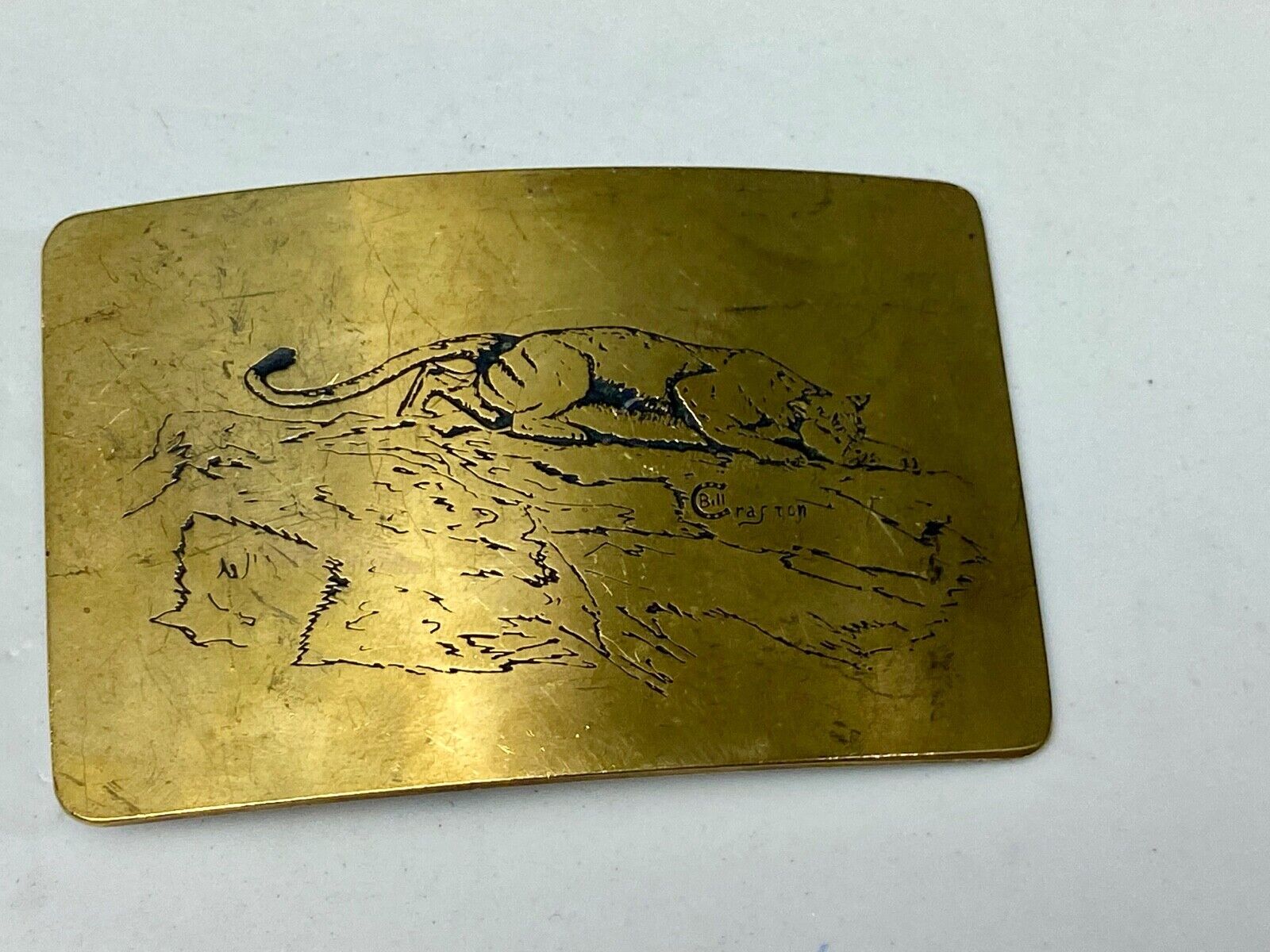 Vintage ART WORK Cat Cougar Tiger drawing Art Belt Buckle by BILL CRAFTON 