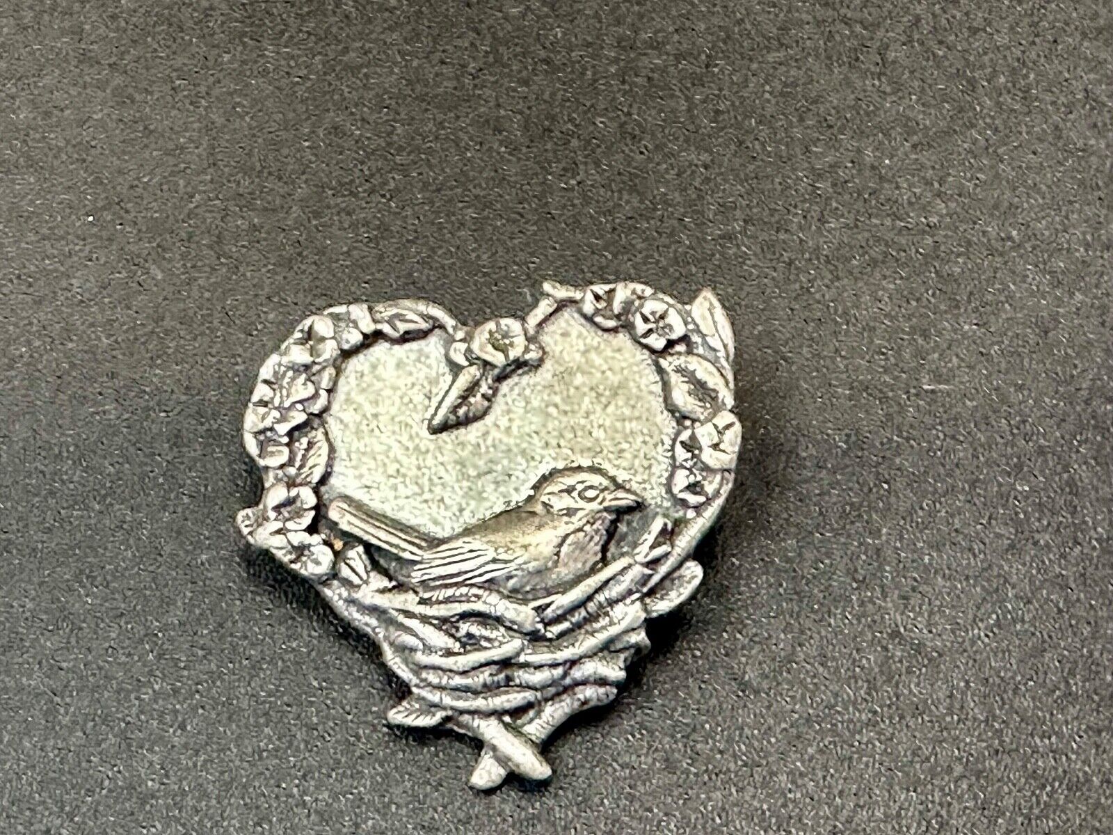 Adorable bird growing eggs in nest vintage birds and blooms pewter pin