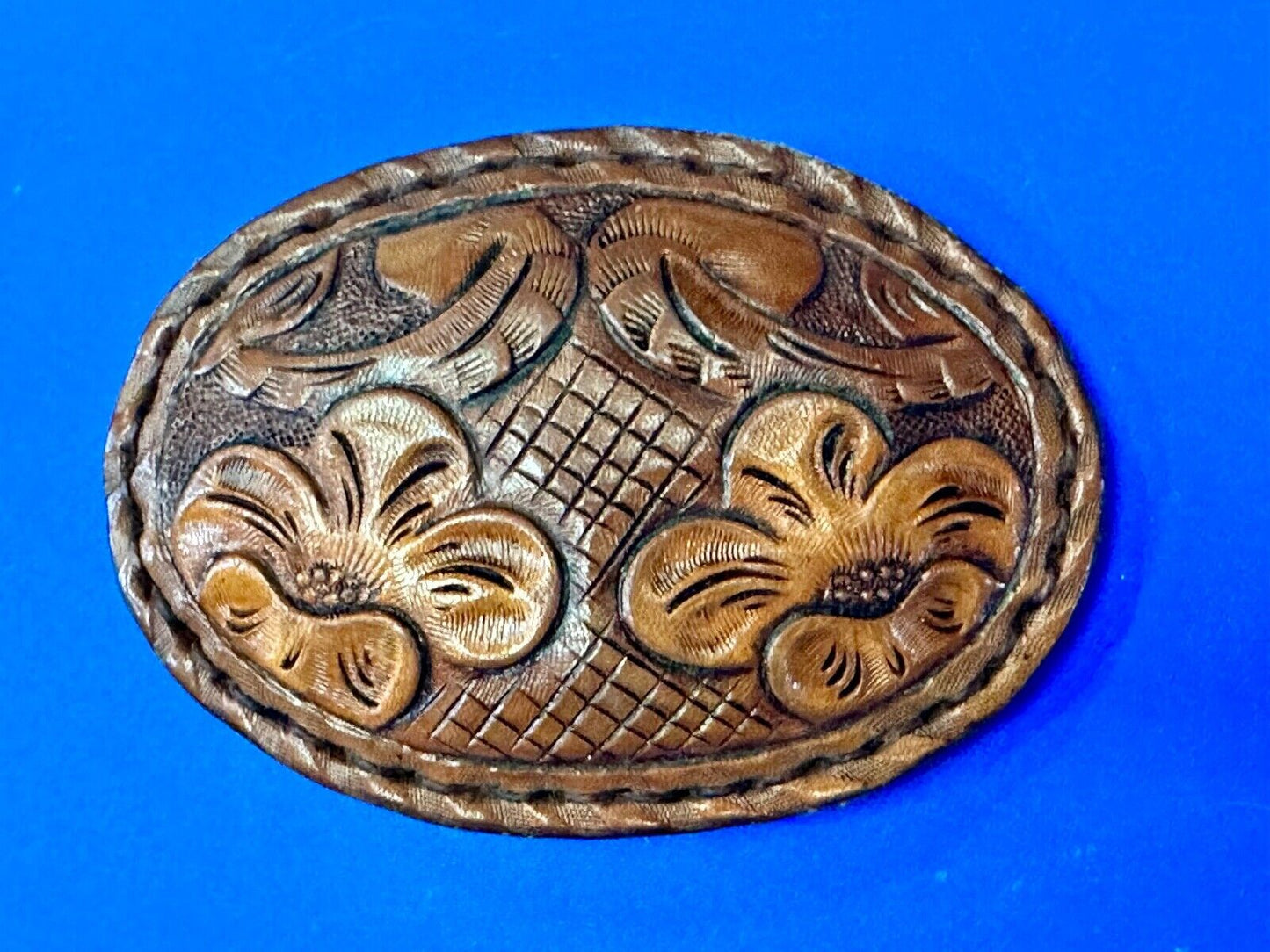 4" wide brown leather floral theme hand stitched artisan belt buckle