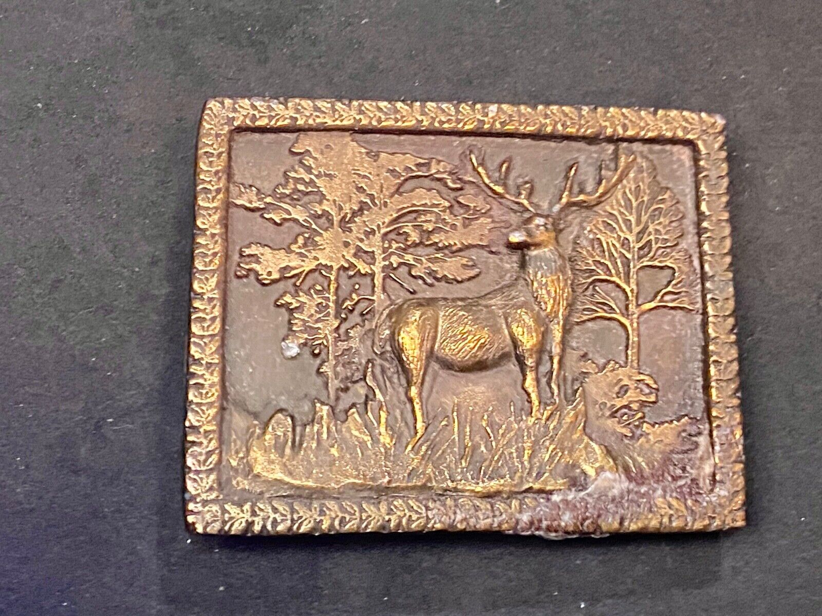 Vintage 1975 ADEZY BELT BUCKLE-DEER AND BUCK IN FOREST SCENE-PEWTER TONE
