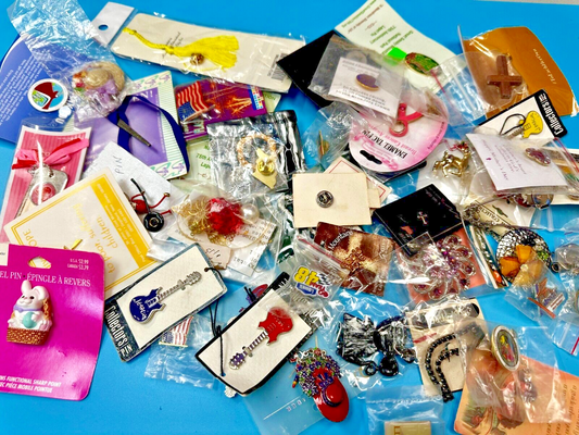 Around 50 Brooches &Pin's In Packaging Resale Bulk Lot, Junk Drawer Grab Bag