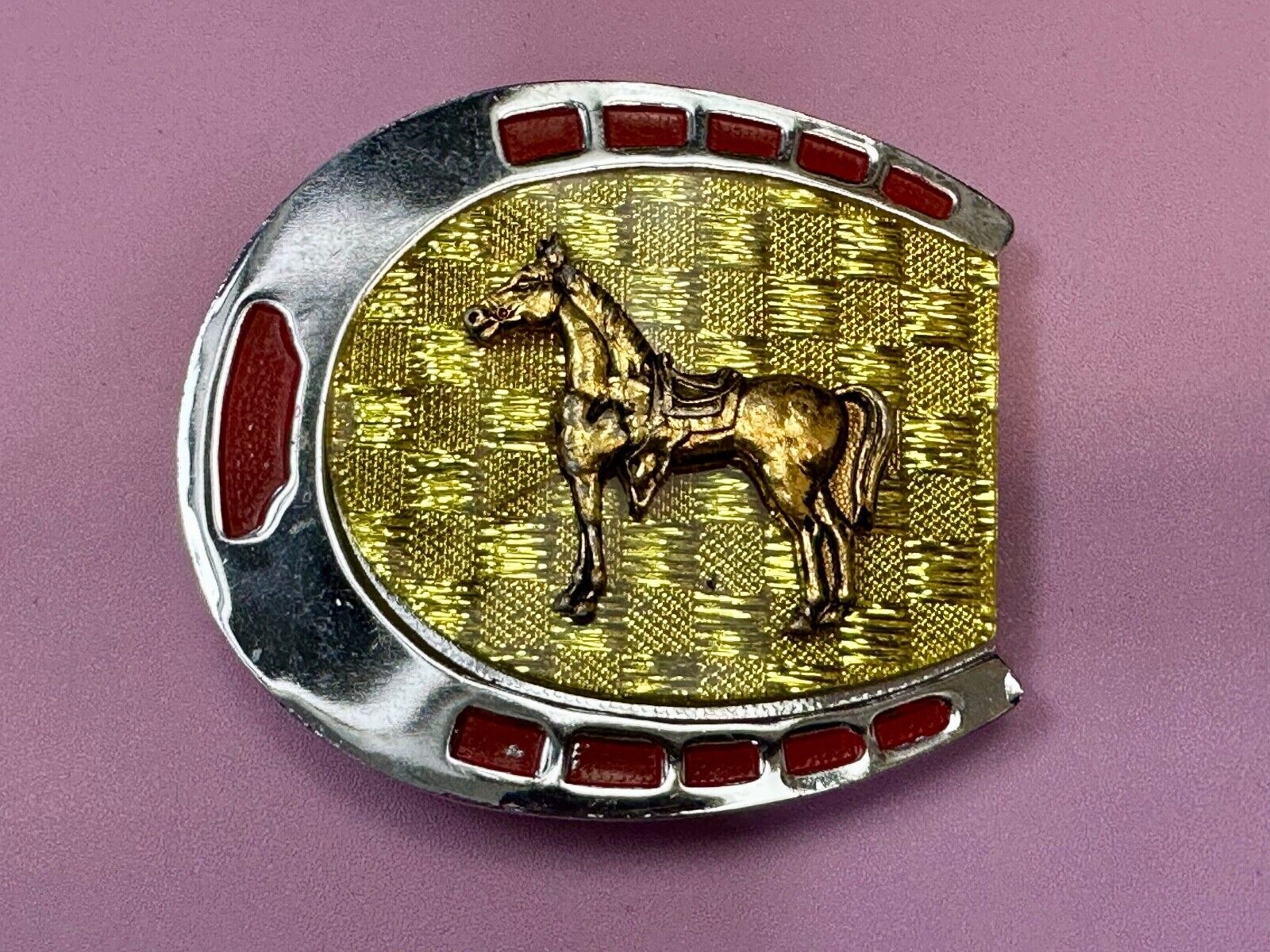 Artisan Resin covered Horseshoe shaped Belt Buckle with gold tone standing horse