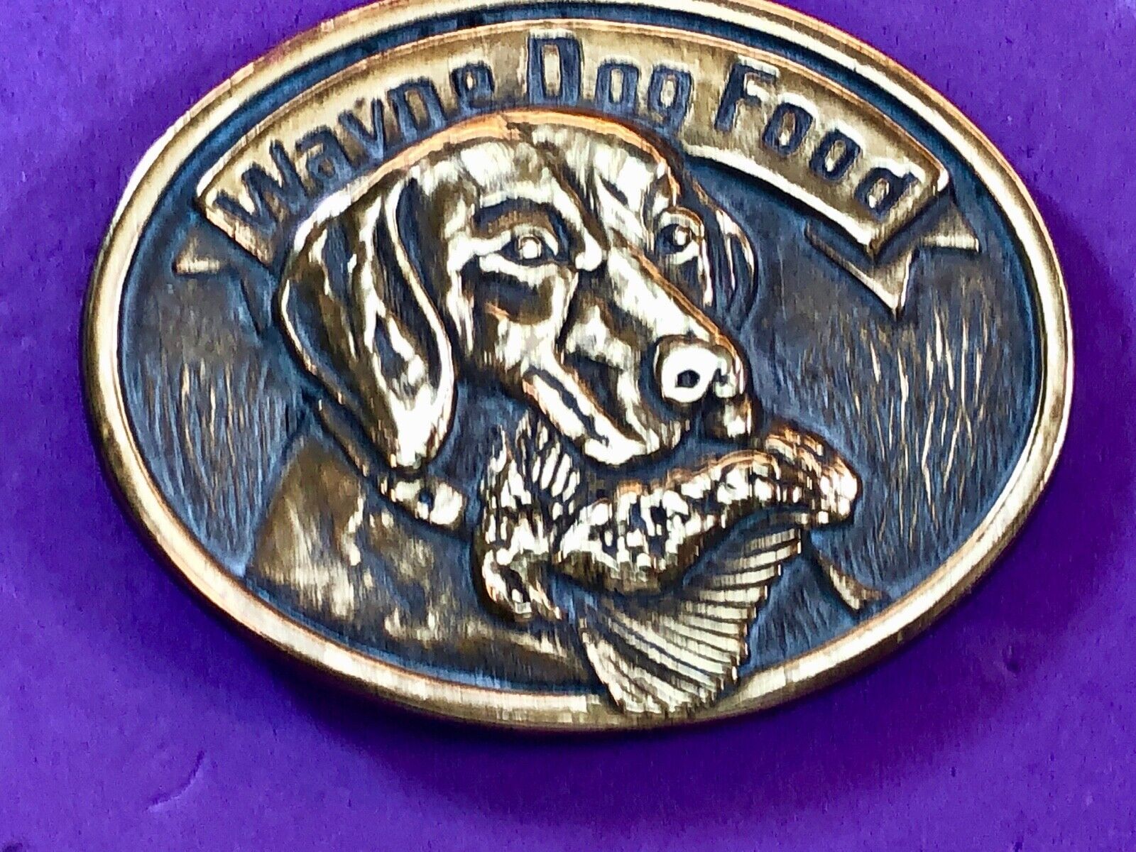 1980's Wayne Dog Food Belt Buckle Lab Bird Hunting Dog 50th Anniversary