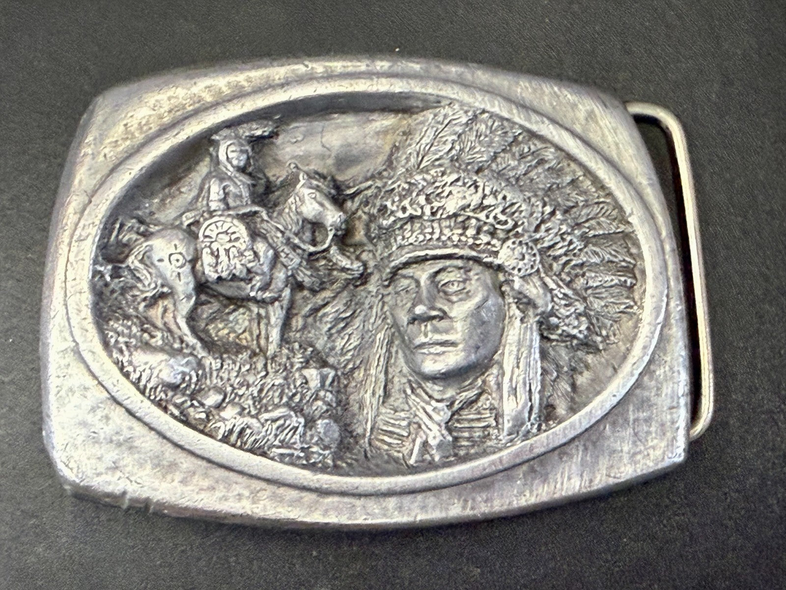 American Indian Chief Head with Headdress Silver Tone VTG 1988 C+J Belt Buckle