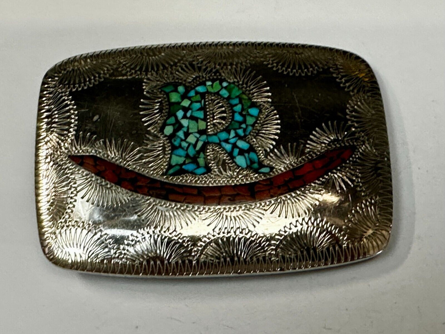 Turquoise & Coral Inlaid Native American Belt Buckle SSH Custom Initial Letter R