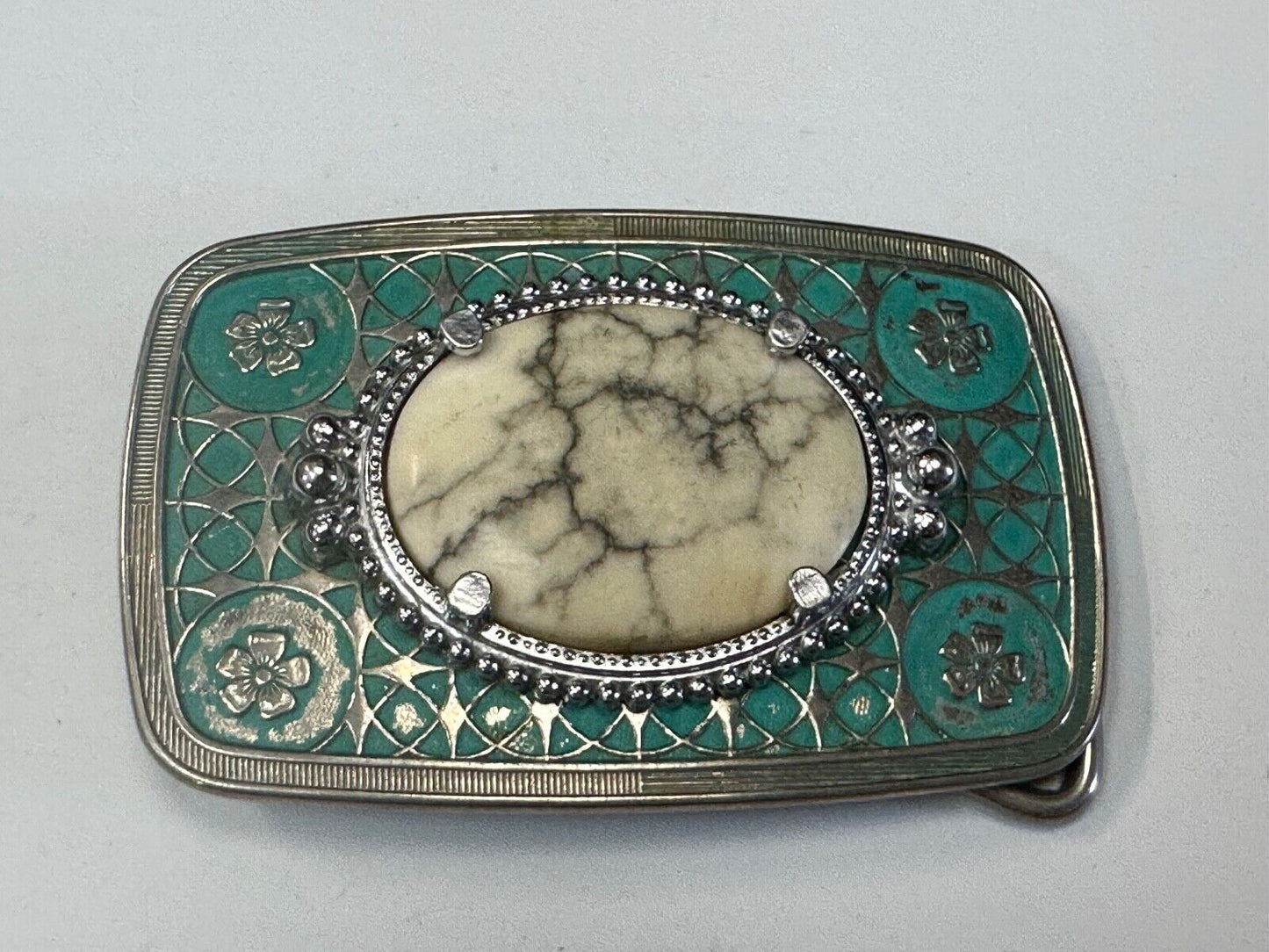 vintage Magnesite cabochon cab stone centerpiece on western belt buckle