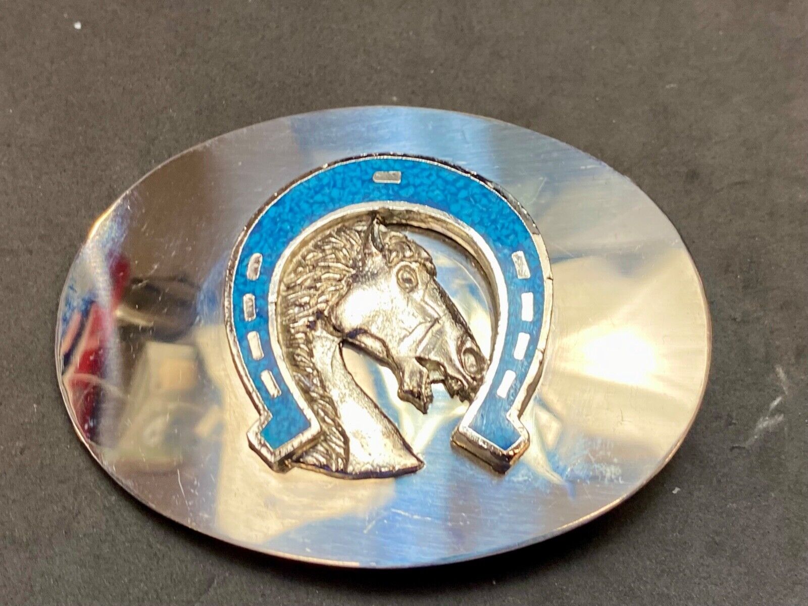 Vintage Horse head in Turquoise chip inlaid Horseshoe reflective belt buckle