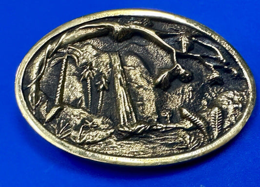 Beautiful water fall nature scene on Vintage BTS solid brass belt buckle