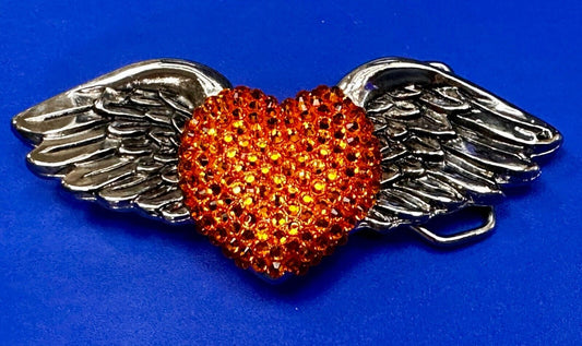Angel Wings Orange Heart Shaped Rhinestone Covered 2001 Bridget Belt Buckle