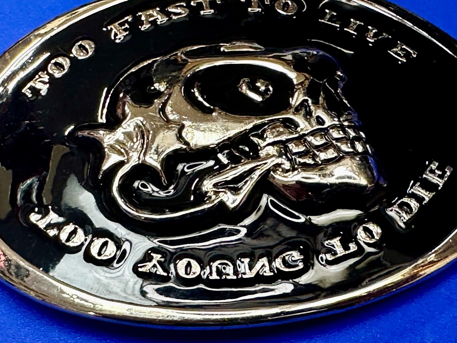 Too Fast to Live, Too Young to Die Skull black and silver tone Belt Buckle