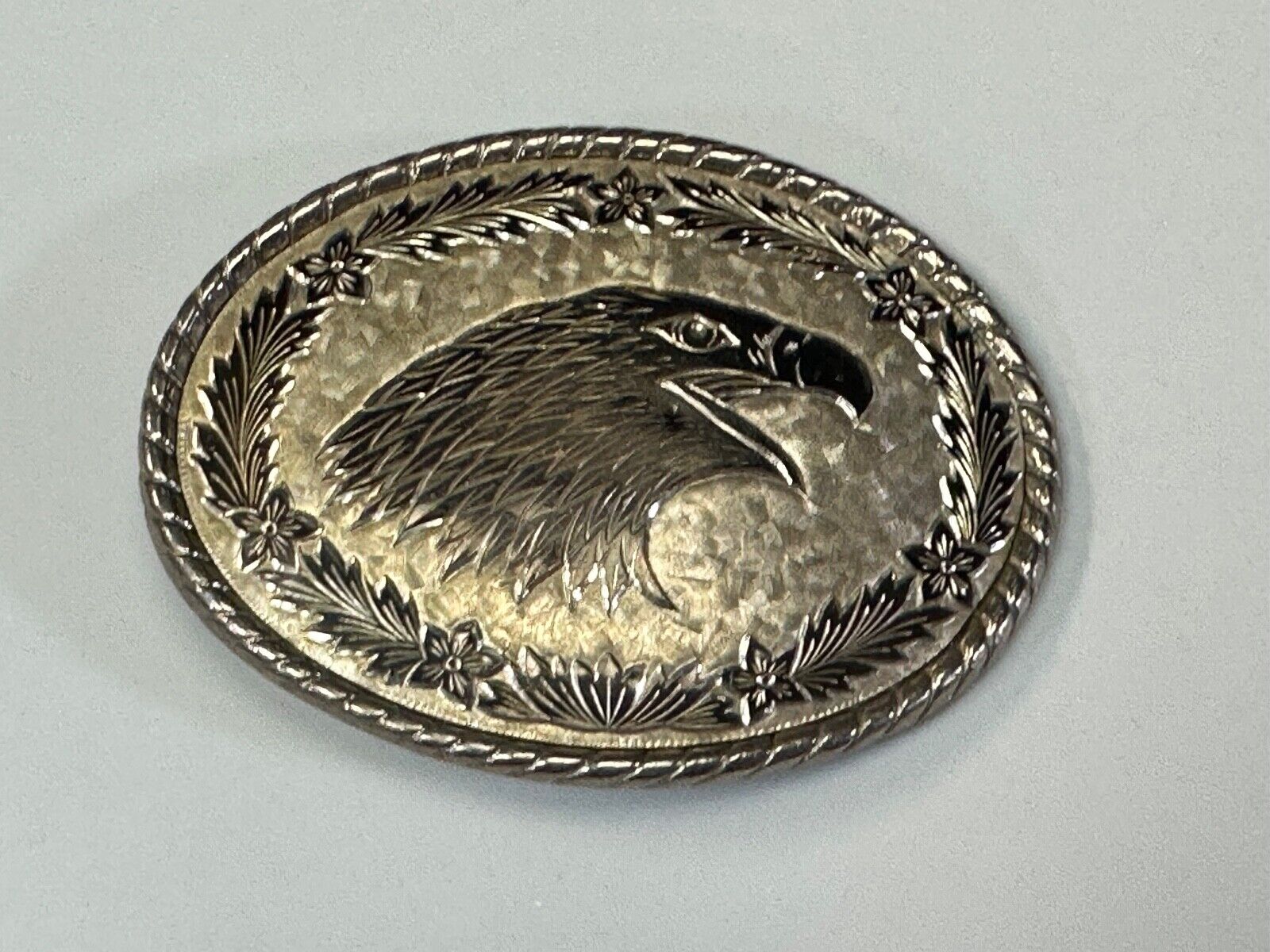 American Bald Eagle Bust profile, silver tone Etched belt buckle W Makers Mark