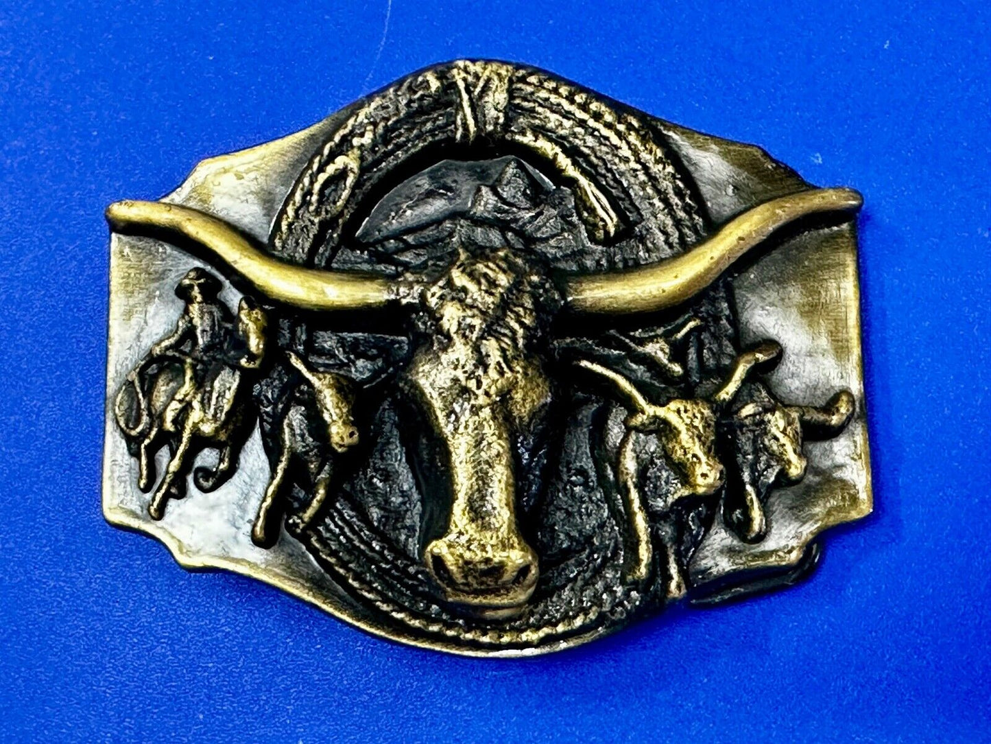 Vintage Long Horn Roping Horseback Rodeo Cowboy and Raised 3D Head Belt Buckle