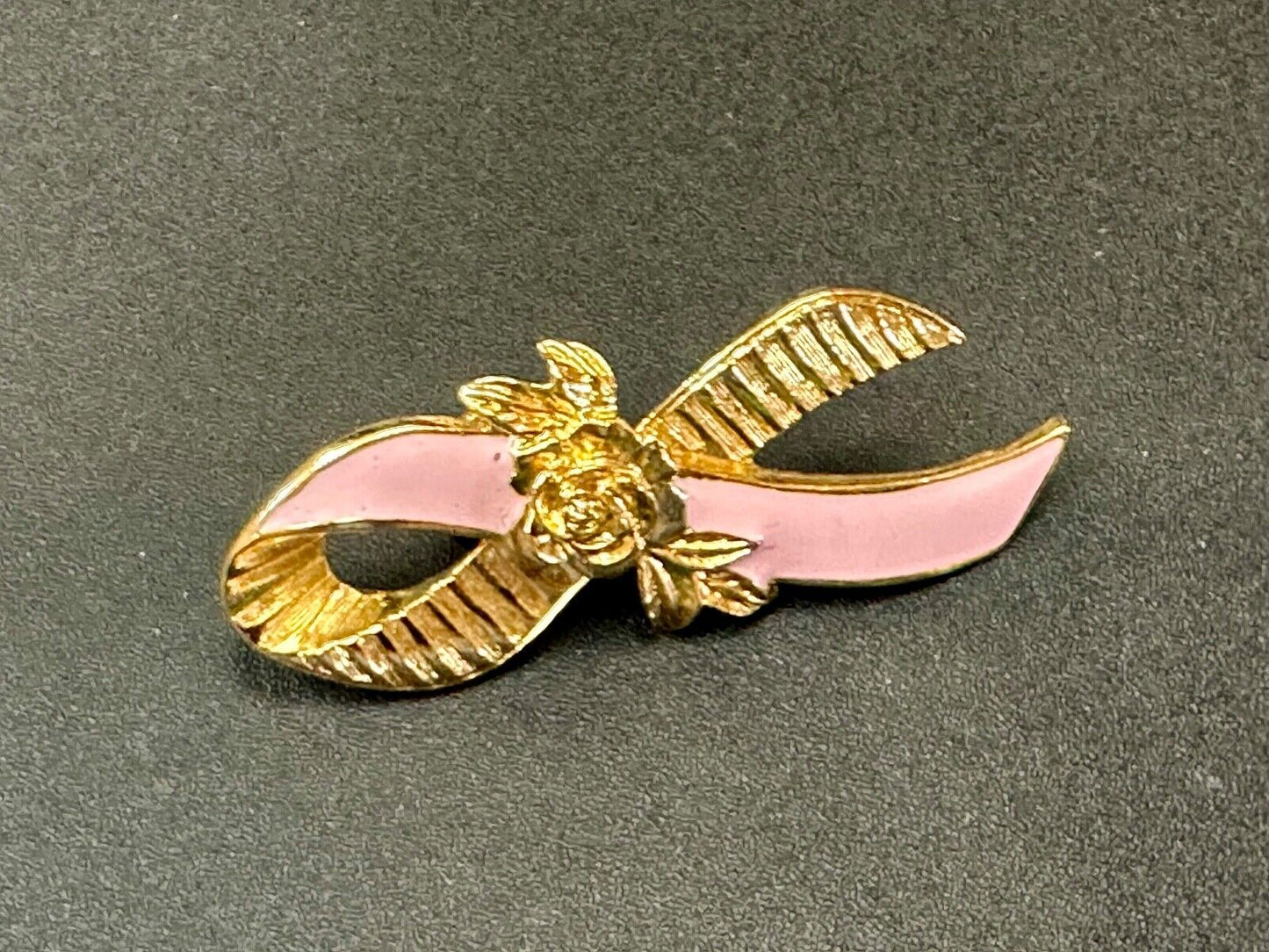 Avon Gold Tone Pink Enamel Ribbon Breast Cancer Awareness Brooch Pin 2"