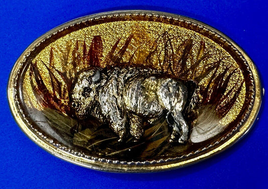 3D Buffalo in wheat grass - Raised from gold tone Vintage Belt Buckle
