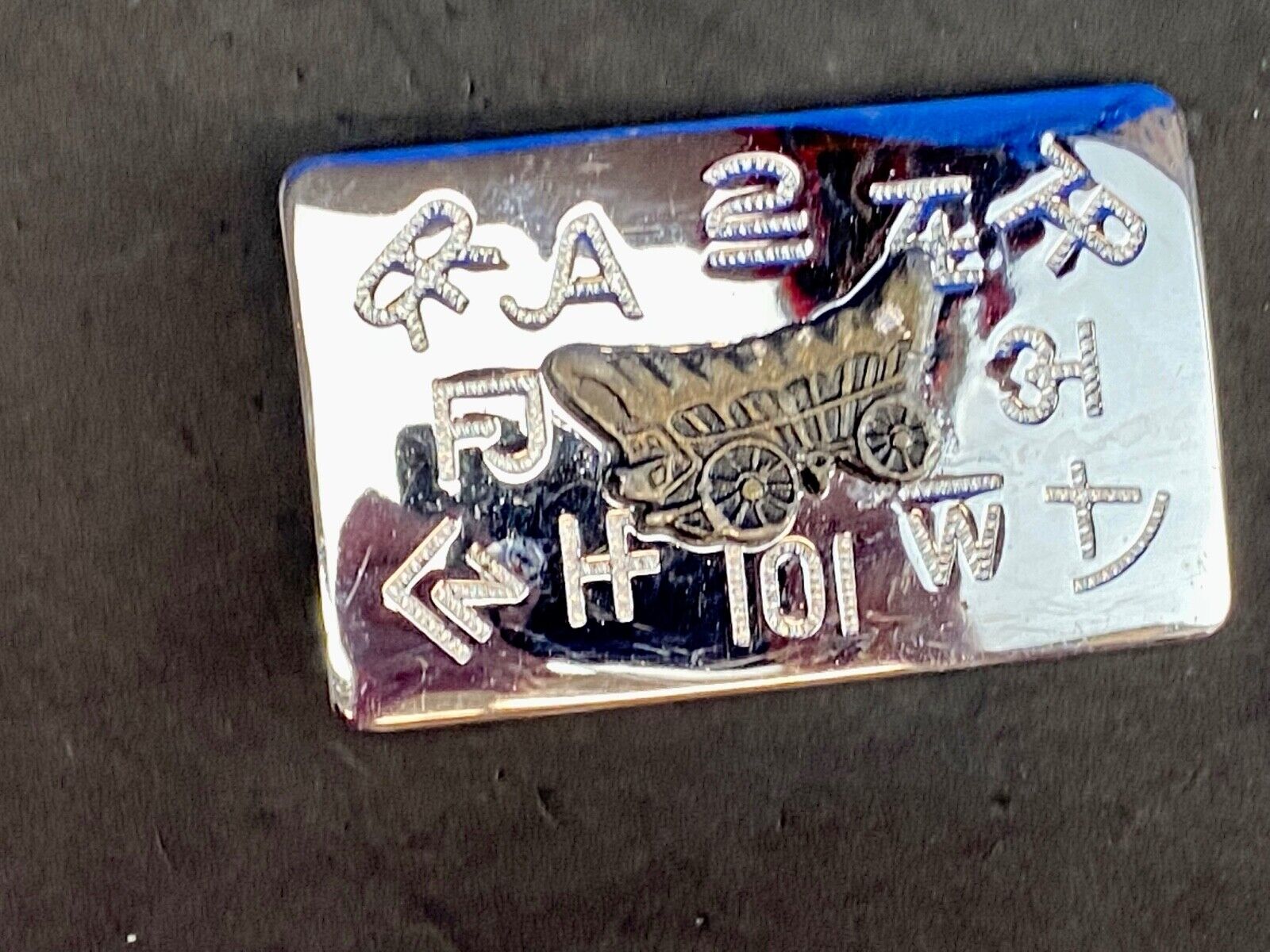 Vintage Chaimbers covered wagon western belt buckle with branding signs marks 