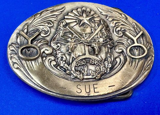 TEXAS NAME SUE 1880 - 1980 100 year celebration star longhorn belt buckle